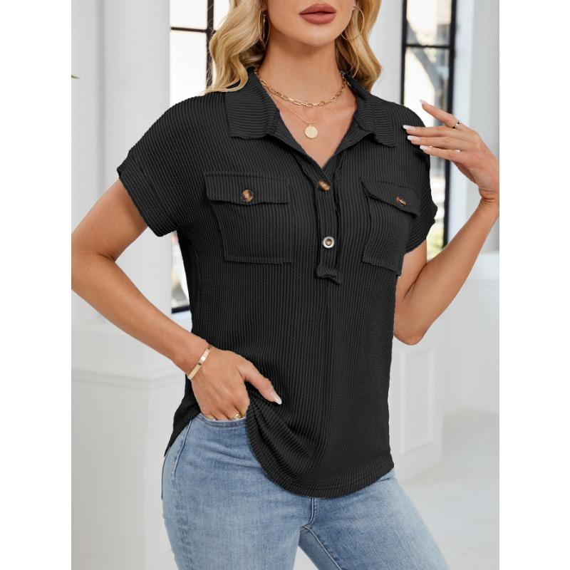 Summer New Women's Lapel Pocket Short-sleeved Solid Color T-shirt Casual Versatile Top