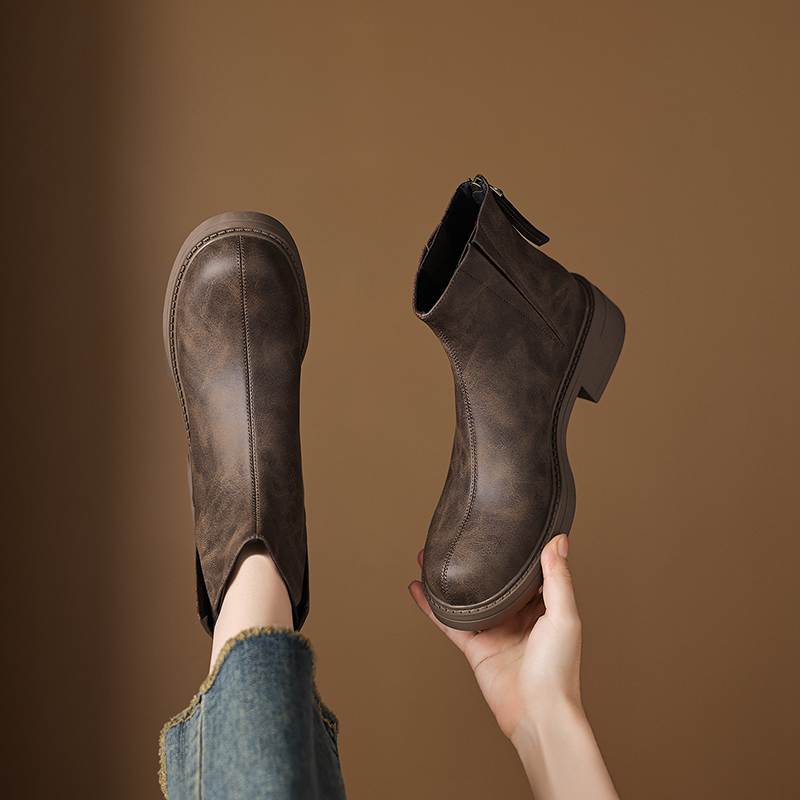 Krazing Pot Cow Skin Round Toe Thick Heels Motorcycle Boots Size 42 Back Zip Women Keep Warm Ankle Boots