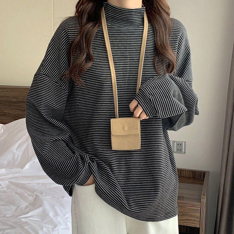 Autumn Winter Half High Collar Fashion Bottoming T-shirt Female Clothing Solid Color Korean Long Sleeves Loose Affordable Tops
