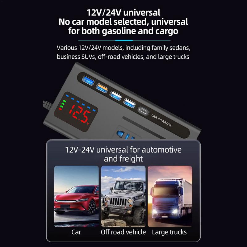 Car Outlet Adapter 200W Electric Car Charger USB Fast Charging Ports Car Car Charger For Laptop Vehicle Power Inverter LCD