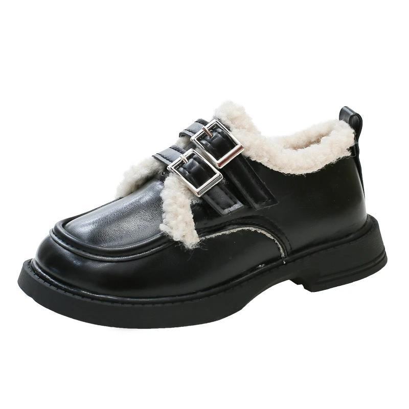 2024 Children Leather Shoes for Girls Winter New Fashion Korean Style Soft Bottom Princess Plush Anti-slippery Chic Warm Shoes