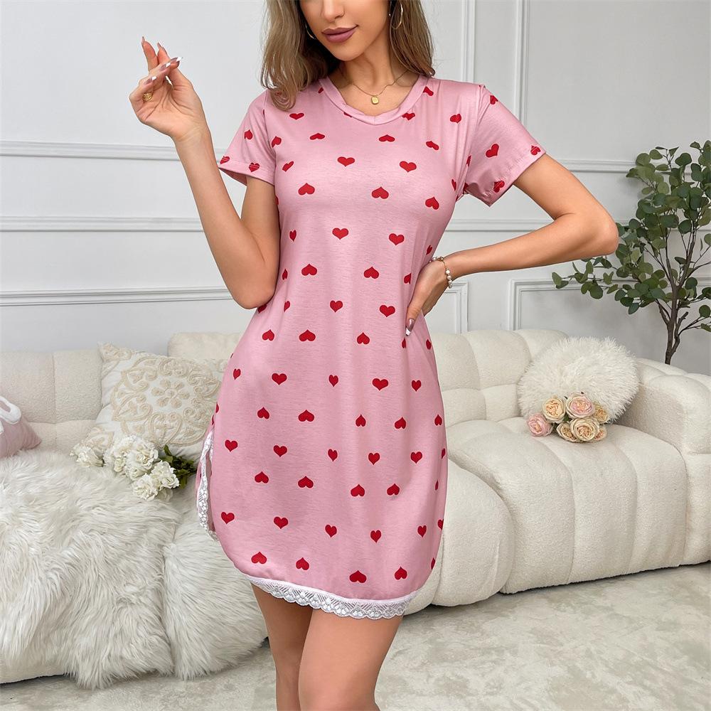 Pink love print Modal short-sleeved nightdress side split-ended round neck lace splicing pajamas one piece