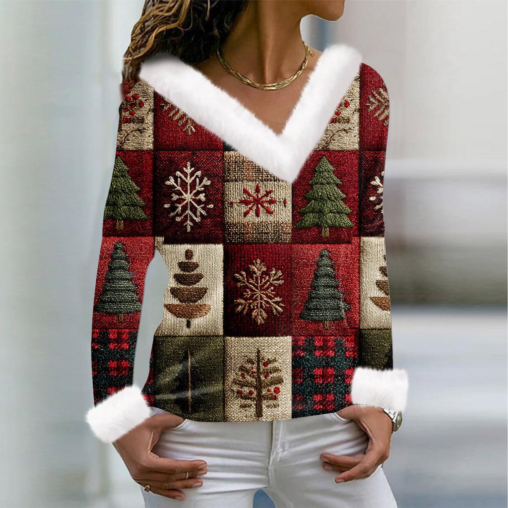 Camiseta de mujer, camiseta navideña, camiseta de manga larga, fiesta, estampado navideño, cuello polar, cuello en V