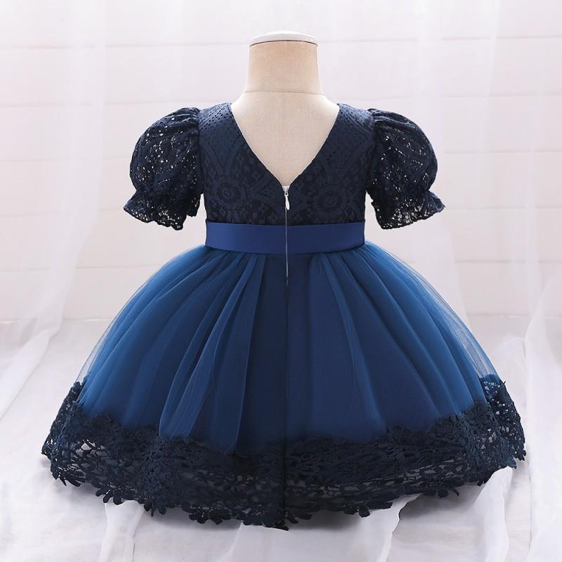 Baby Girls Princess Gown Navy Blue Lace Mesh Party Dress 1-3 Years Old Winter