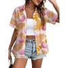 Womens Loose Fit Short Sleeve Printed Shirt Casual Vacation Style Collared Open Front Top