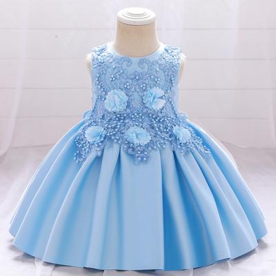 Girls Jacquard Beaded Dress Birthday & Children's Day Party Layered Mesh Tutu Princess Gown Blush Pink & Blue Knee-Length Sleeveless