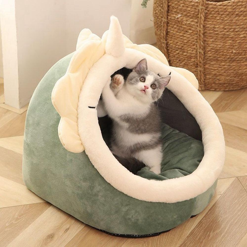 Cat Bed Cave with Removable Washable Cushioned Pillow Mat ang Hanging Ball Toy Soft Plush Cotton Pet Bed Non-Slip Cat House Tent