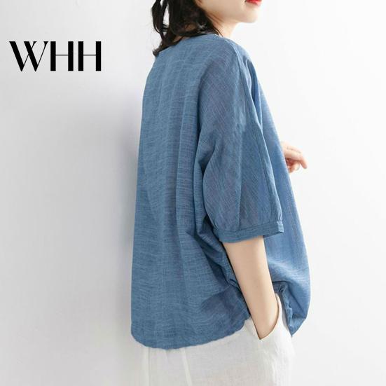 Loose Fit Women Top Summer Casual T-shirt O-Neck 3/4 Batwing Sleeve Pullover Round Neck Three-quarter Tops Solid Color Blouse Streetwear