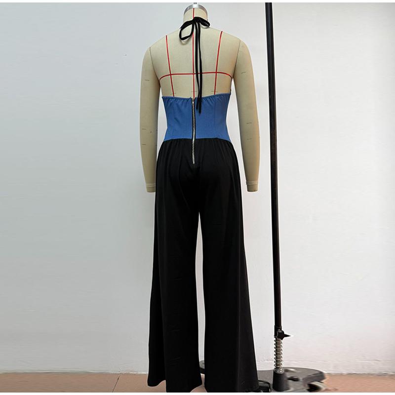 Halter Neck Sleeveless Stitching One-piece Wide-leg Pants Summer Ladies One-piece Casual Fashion Commuter Style