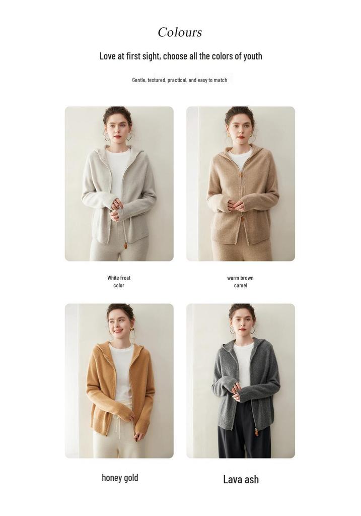 Elegant Hooded Cashmere Knit Cardigan for Women - Cozy, Loose Fit, Thick Zipper Sweater Coat