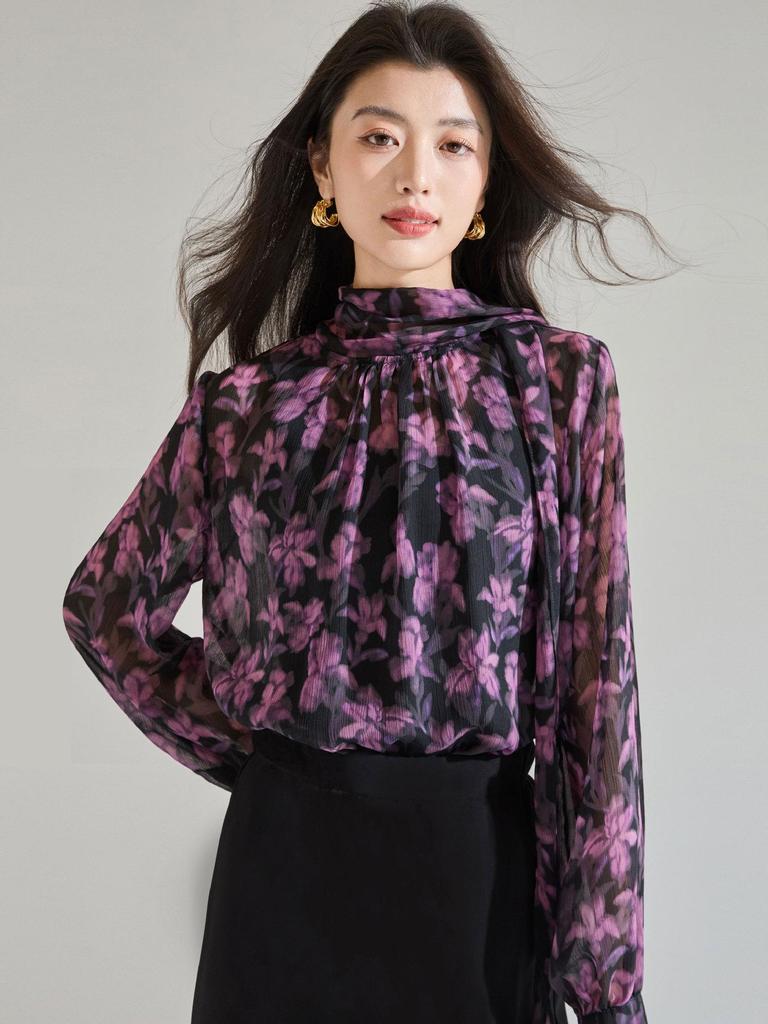 Spring 2026 Elegant French Drape Collar Shirt with Floral Print Crepe