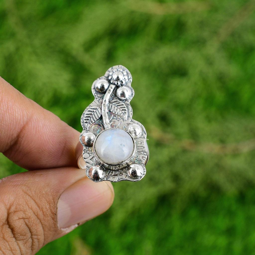 Sterling Silver Natural Rainbow Moonstone Promise Flower Statement Ring Jewelry