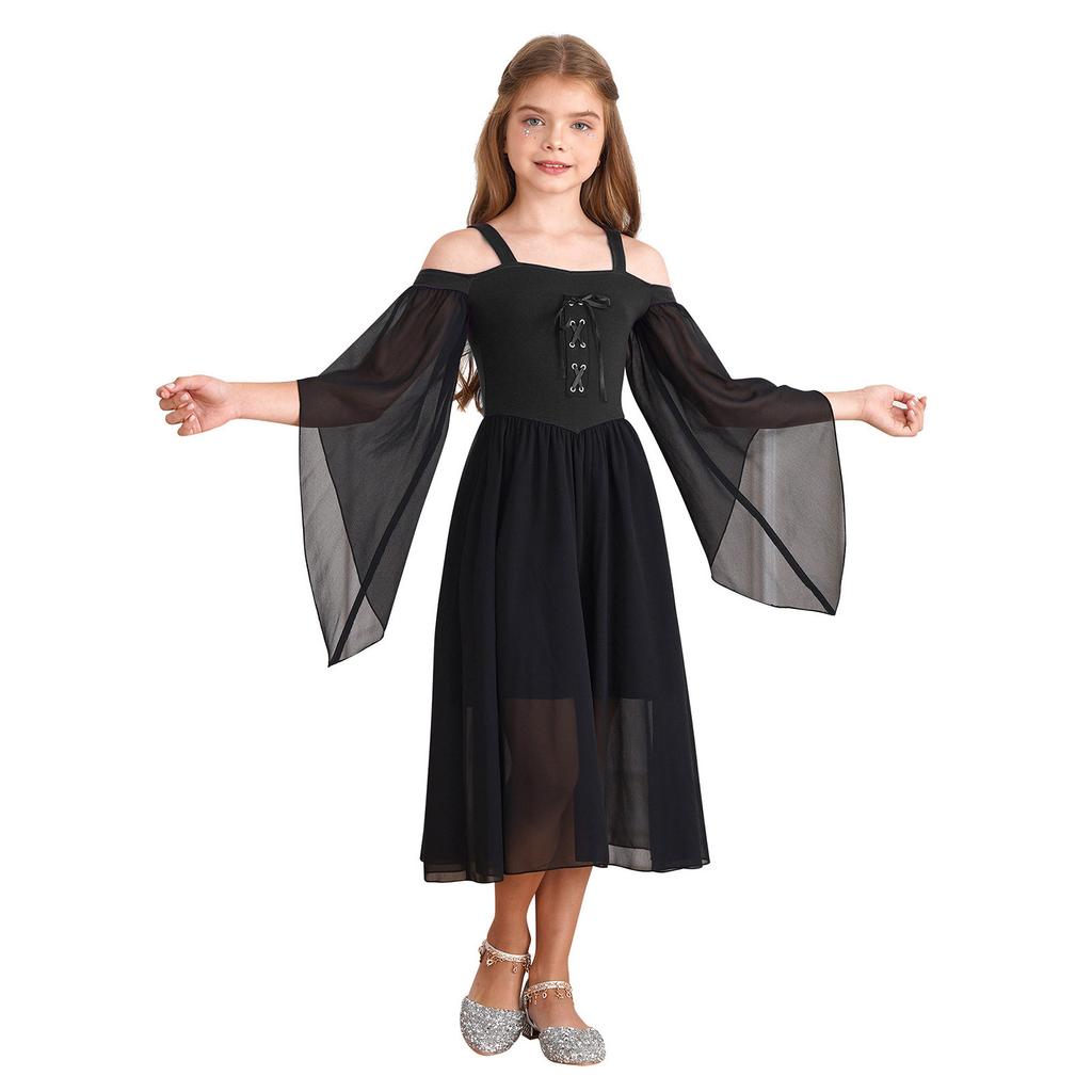 Halloween gotiske kjoler for jenter Butterfly Sleeve Lace Up Dress Cold Shoulder Flowy Medieval Cosplay Dress