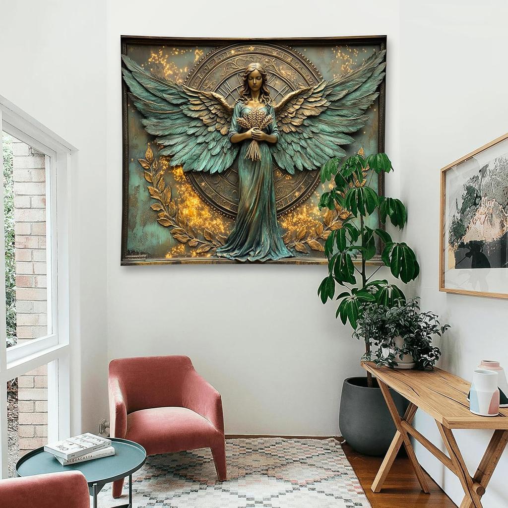 Bronze Angel Statue with Wings and Wheat Wall Art 2D Printing Cloth Spiritual Decor Mythical Figure Home Gallery Tapestry