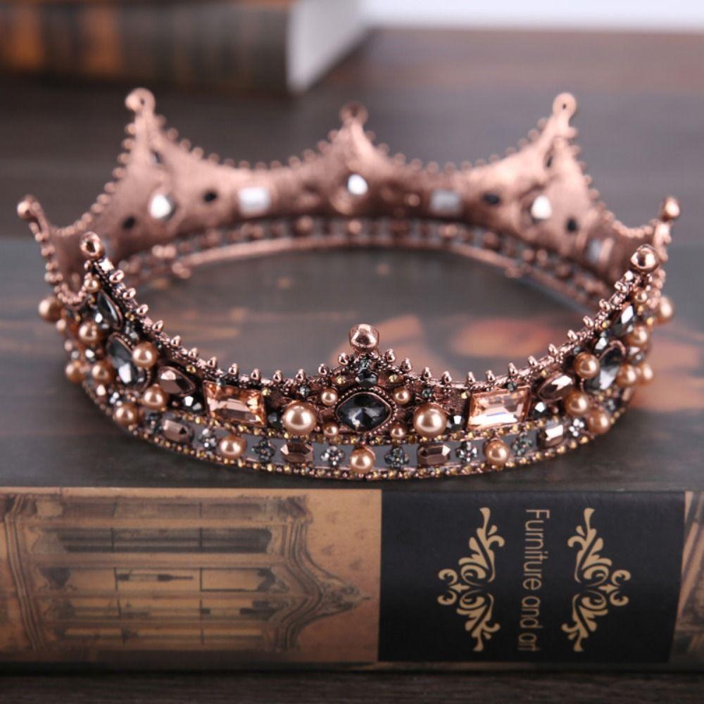 Round Shape Vintage Baroque Crown Pearl Wedding Hair Jewelry Crystal Crown for Women  Pageant Event
