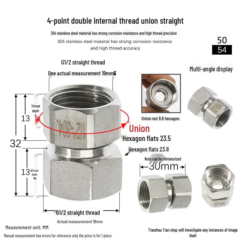 304 Stainless Steel Swivel Union Female Thread Pipe Fitting, Double Female Thread, 6 Points, 4 Points, 1 Inch, for Water Meter/Pump