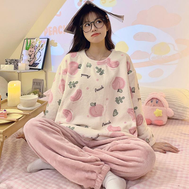 Flannel Warm Pyjamas Set for Women's Padded Student Nightwear Ladies Sweet Breathable Crew Neck Sleepwear Loungewear