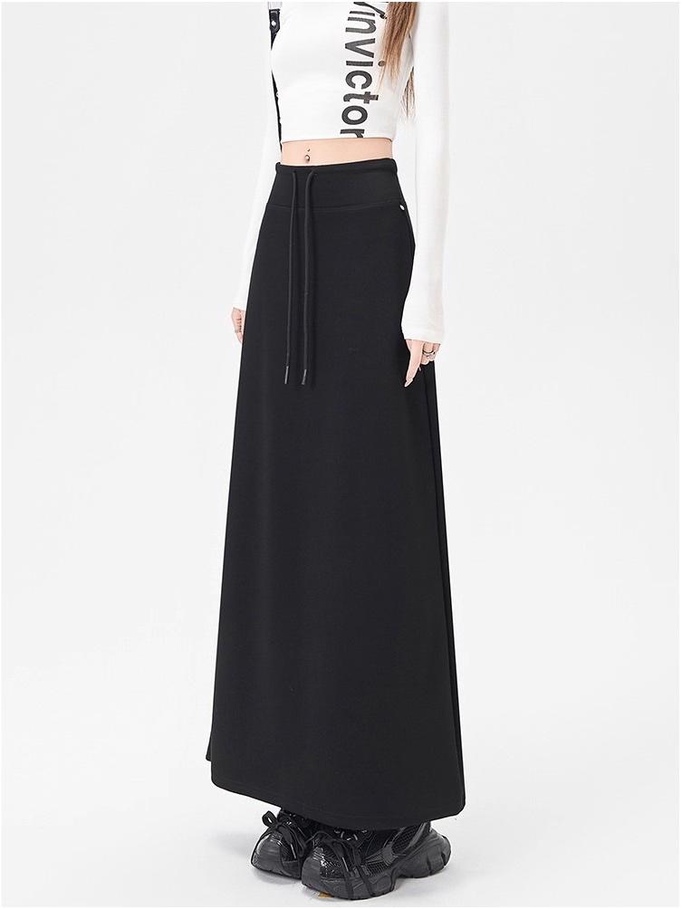 Women's Gray High Waist A-line Midi Skirt - Autumn Sporty Style with Straight Slit and Draping