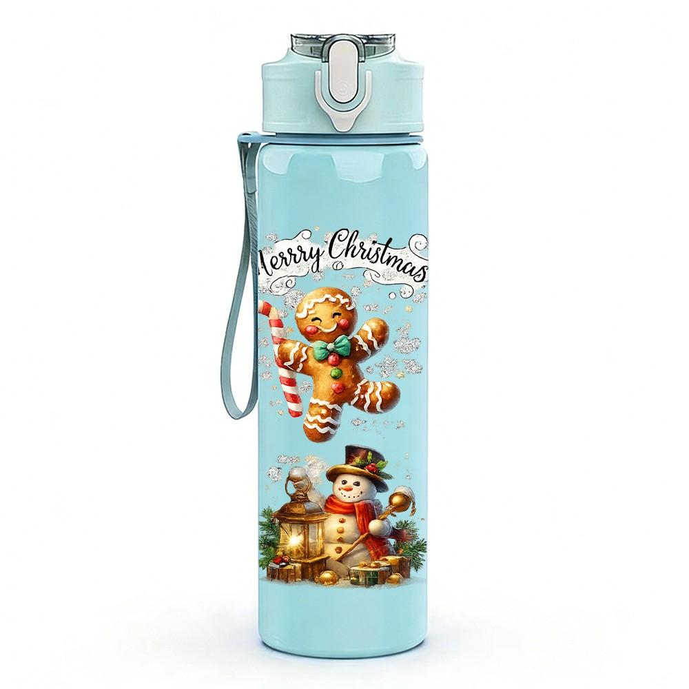 1PC Christmas Bear Gift Cartoon Print 750ml Color Plastic Sports Water Bottle Leakproof Flip Straw Lid Suitable for Sports Office Home Use