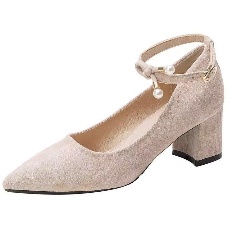 French high heel with skirt shoes pearl single shoes medium heel thick heel etiquette temperament Shu dress black