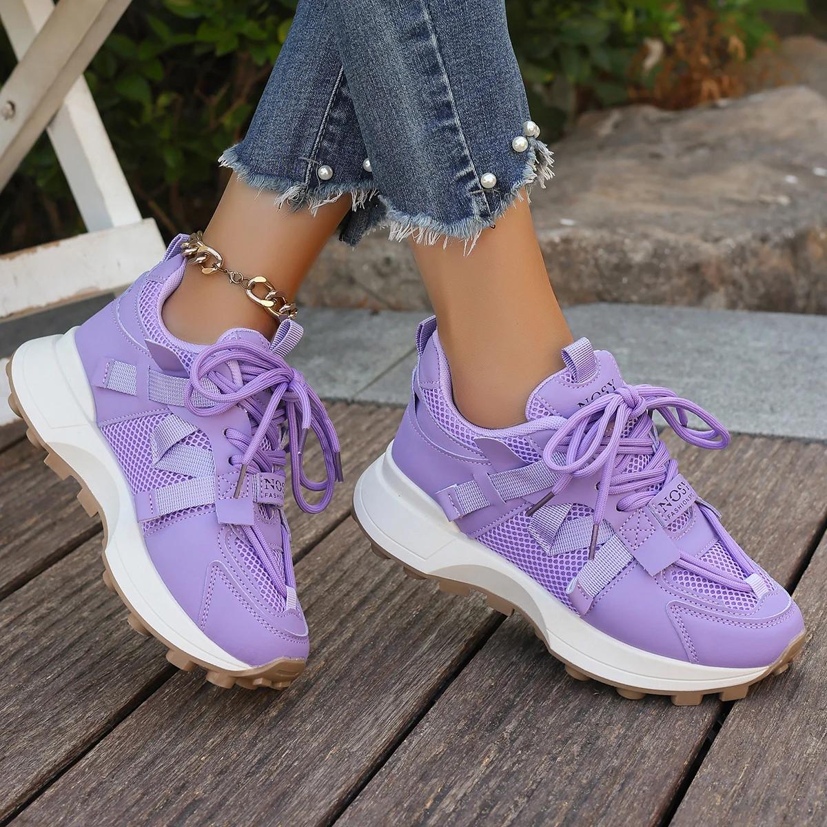 

Модные Новые Женские Кроссовки Сетчатые Дышащие Кроссовки на Платформе Женские Повседневные На Шнуровке Уличная Женская Обувь Кроссовки с Низким Верхом Zapatos De Mujer 40 фиолетовый