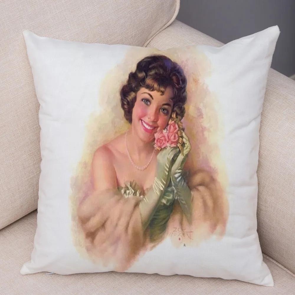 European Lady Cushion Cover Decor Vintage Style Elegant Women Print Pillowcase for Sofa Home Car Soft Plush Pillow Case 45x45cm