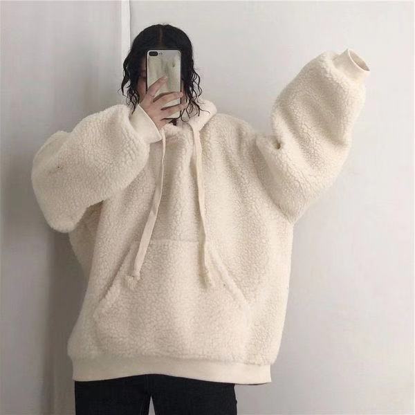 Lamb Plush Thickened Hooded Sweater For Women In Winter, Korean Version, Loose, Lazy, Versatile, Student Pullover, Solid Color Coat
