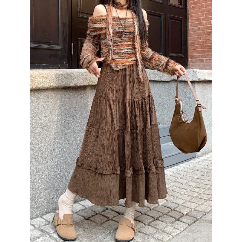 Women's High Waist Corduroy A-Line Mid-Length Skirt with Lace - Autumn/Winter 2025