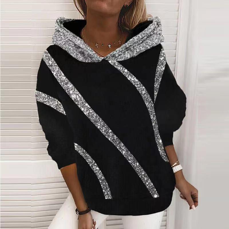 Women's New Autumn and Winter Sequin Stitching Loose Hooded Sweater