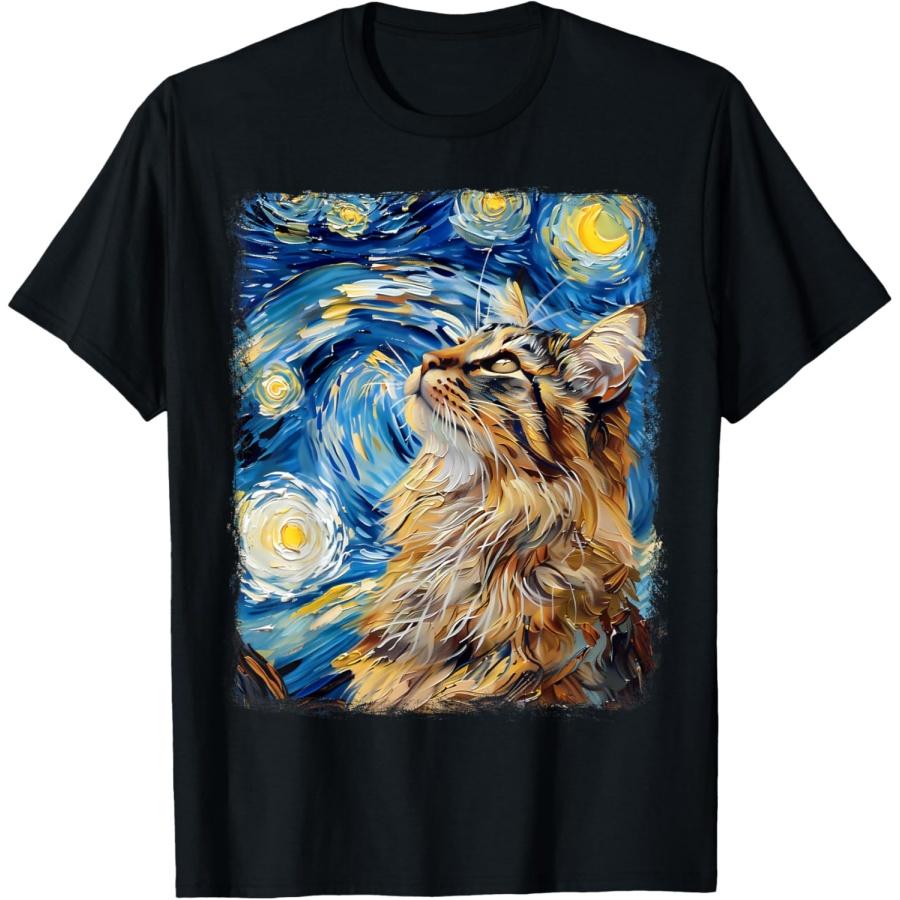 Maine Coon Cat Starry Night Painting Men Women Kids T-Shirt XXXXXL чёрный