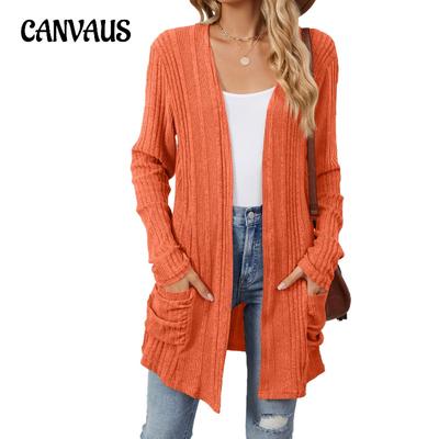 Cárdigan de primavera y otoño para mujer, chaqueta de manga larga con bolsillo cepillado a rayas de Color sólido