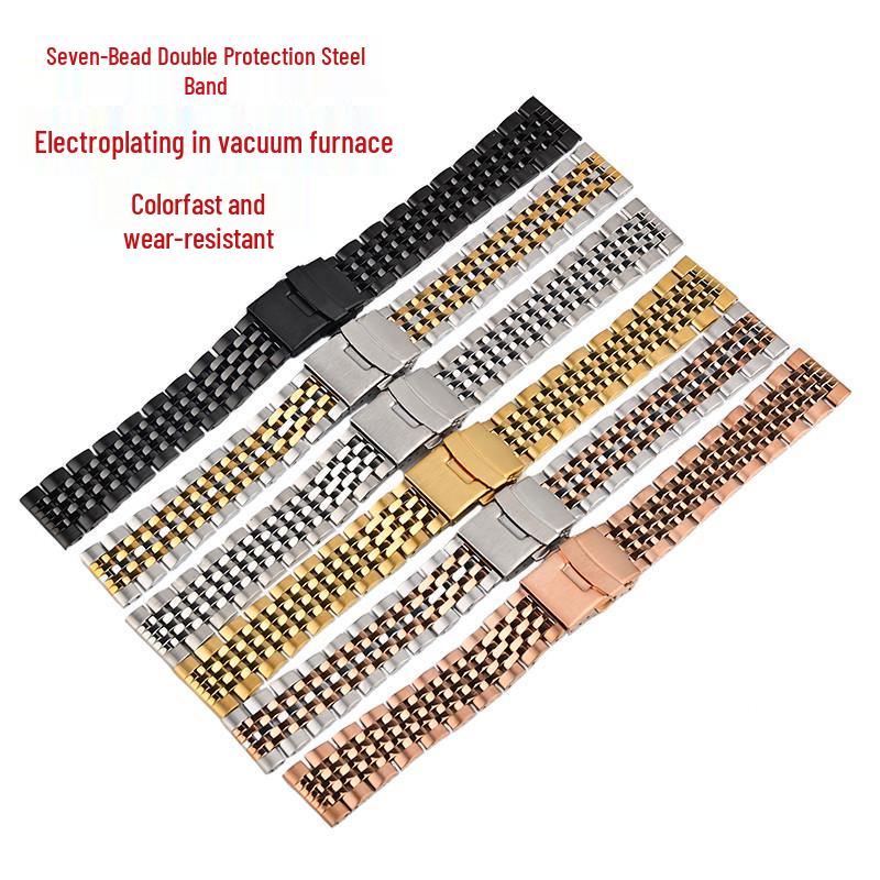 Seven-Bead Stainless Steel Men s Watch Strap with Safety Clasp, Fits 20, 22, 24mm 22mm серебряный