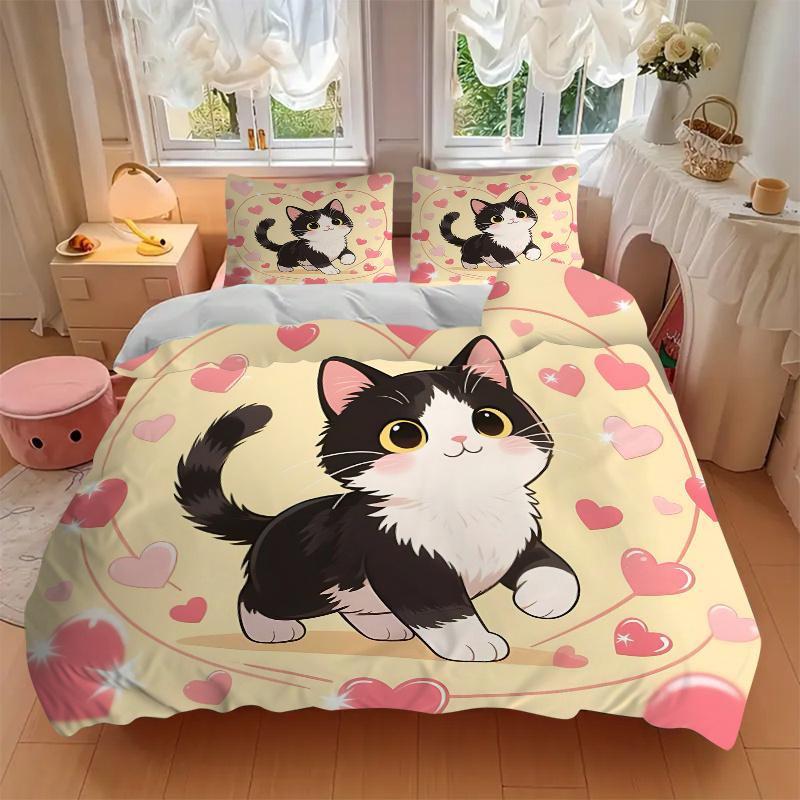3er Set Bettbezug mit Love Cat Design Aufdruck (1 * Kissenbezug + 2 * Kissenhüllen, ohne Füllung), Geeignet für Heimschlafzimmer, Gästezimmer, Wohnheim Dekoration