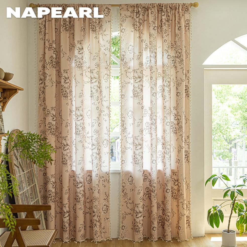 1PC NAPEARL French Retro Gentle Printed Curtains with Tassel Edge Semi Transparent Curtains for Bedroom Living Room Window Home Decor