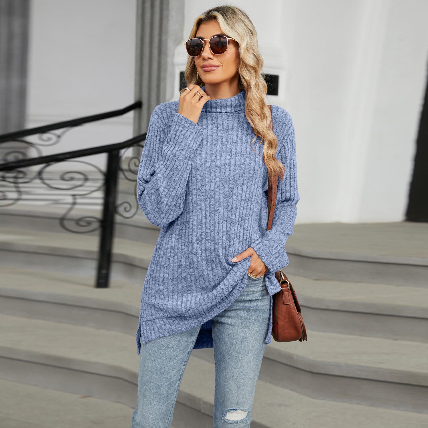 

Женская футболка с высоким воротом, свободного кроя, с длинным рукавом и разрезом, 2024: Коллекция осень/зима Large светло-синий