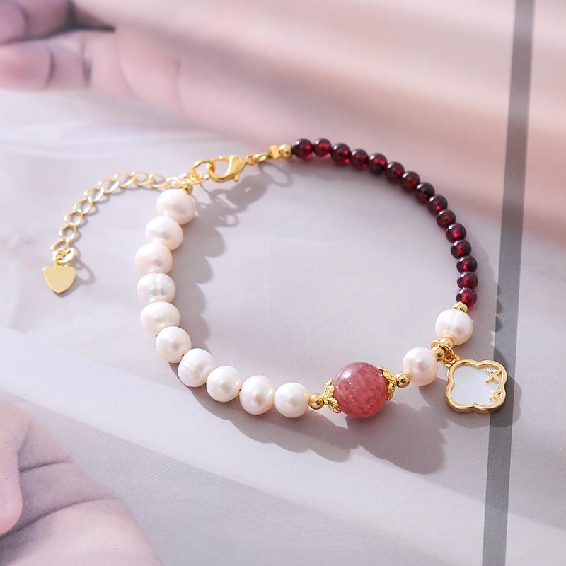 Sweet Lucky Flower Natural Freshwater Pearl & Garnet Stone 14K Gold Filled Female Charm Bracelet  For Women Gifts No Fade