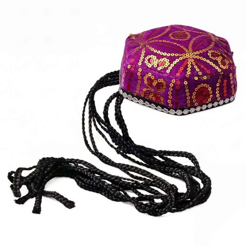 Elegant Beret Cap with Decorative Braids And Sequined Flower Decors Uyghur Hat For Stage Performances and Cultural Event