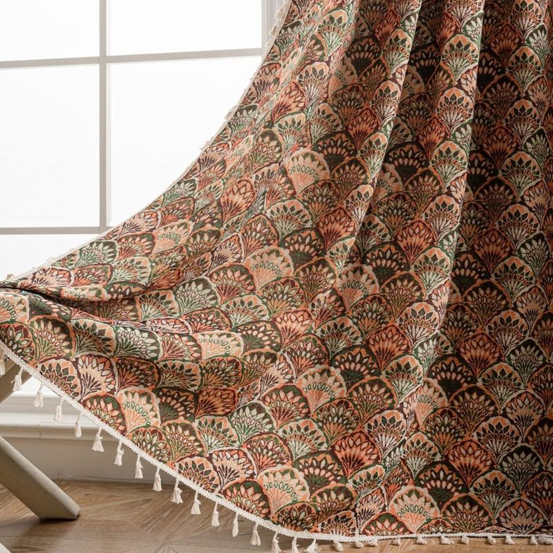 

Farmhouse Rustic Ginkgo Leaf Jacquard Curtains Tassel Decor Semi-blackout Finished Window Drapes Bedroom Dining Room Home Decor W150 x H160cm&Rod Pocket&1 panel