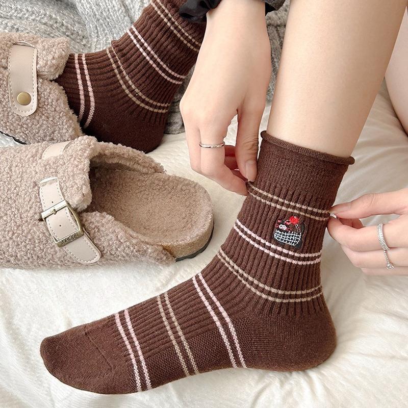 Women's Mid-calf Socks for Autumn and Winter, Warm Long Calf Socks, Retro Coffee-colored Long Socks with Stripes, Versatile and Casual for Women