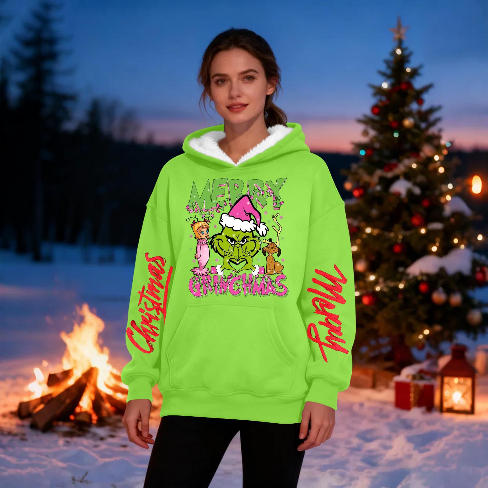 

Women s Casual Fashion Plus Velvet Thickened Christmas Print Hooded Sweatshirt XL