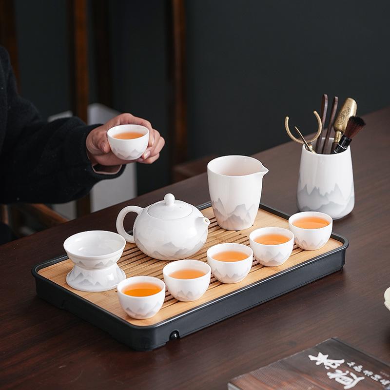 Suet jade white porcelain ink Kung Fu tea set high-end household tea