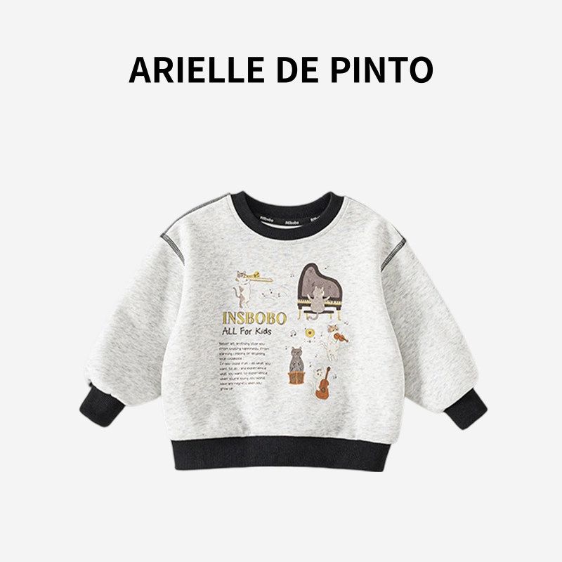 French Arielle De Pinto Cartoon Round-Neck Pullover Sweatshirt for Boys and Girls in Spring and Autumn, Fashionable Pullover Flower Gray 90