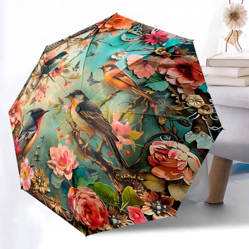 1pc Floral Birds Fashionable Automatic Opening/Closing Folding Umbrella with 8 Bones, Windproof Portable, Daily Use27