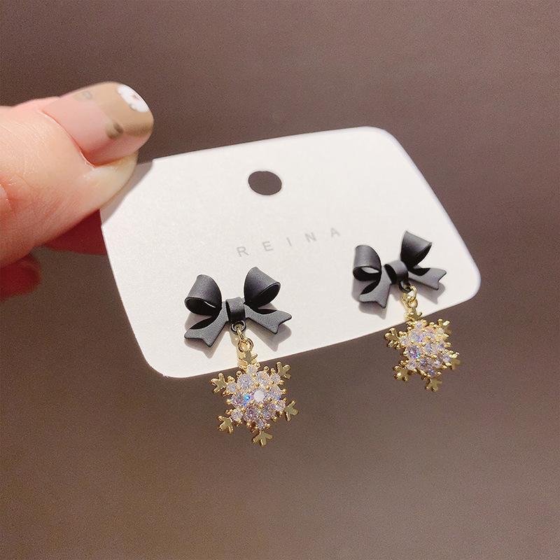 Black Dangle Earrings Crystal Square Pendants Women's Hanging Earrings Korean Bowknot Pearl Flower Earrings
