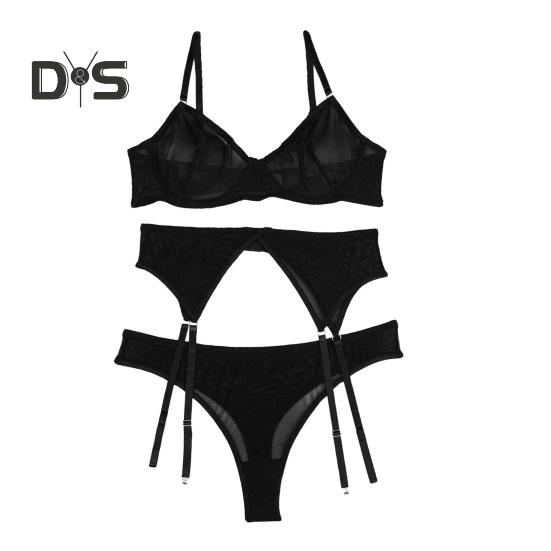 3 Pcs/Set Bra Thong Set with Garter Adjustable Straps See-through Mesh Thin Elastic High Waist Panties Wedding Night Honeymoon Valentines Day