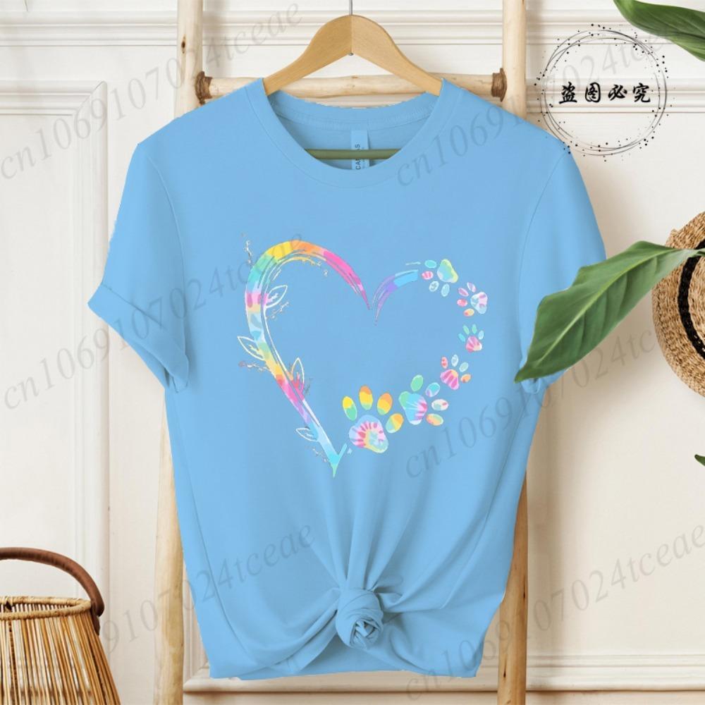 Heart Dog Paw Print Women's T-shirt, Graphic T-shirt, Short-sleeved T-shirt, Summer Fashion, Casual Street Fashion Top