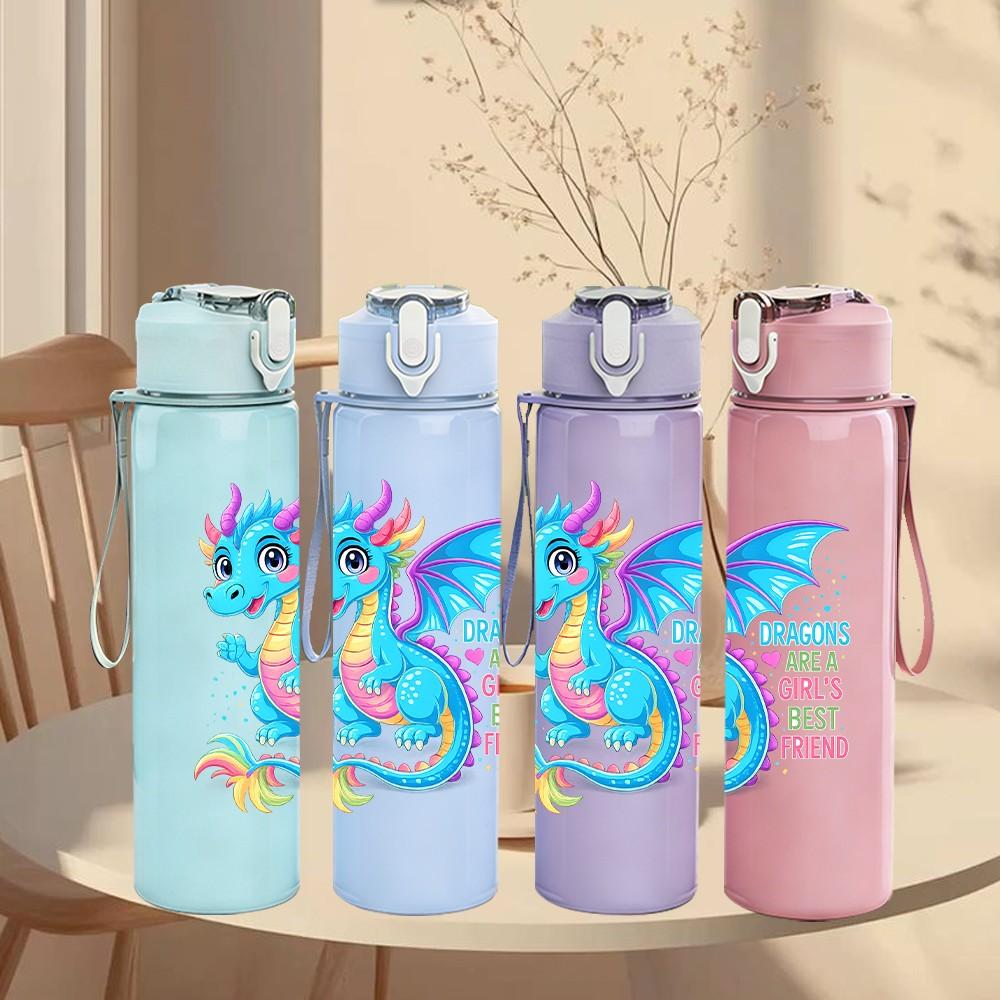 1PC Fantasy Blue Dragon Cartoon Print 750ml Color Plastic Sports Water Bottle Leakproof Flip Straw Lid Suitable for Sports Office Home Use