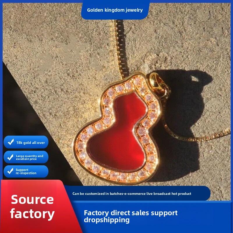 18K Gold Red Agate Gourd Pendant Necklace for Daily Wear Classic Fashion