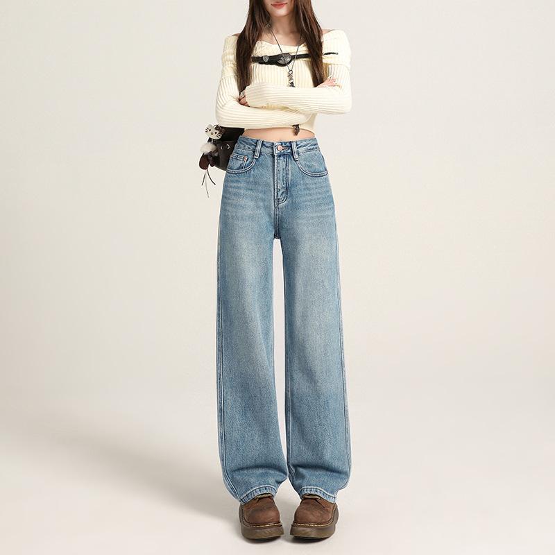 Dark Blue Narrow Velvet Jeans Women's Straight, Autumn and Winter High-waisted Wide-leg Pants