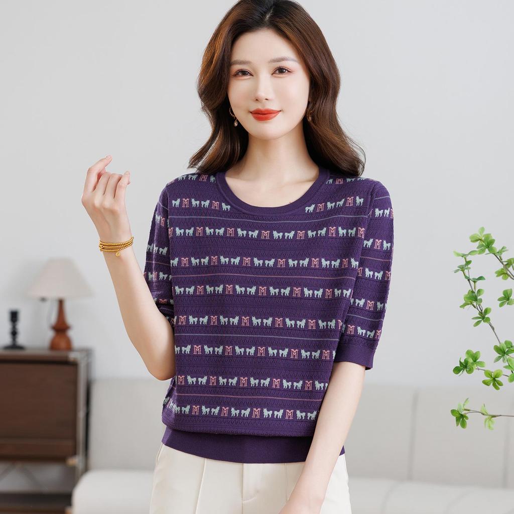 Seven-Sleeve Slimming Pullover for Middle-Aged and Elderly Mothers – Lightweight Knit Top for Spring and Summer
